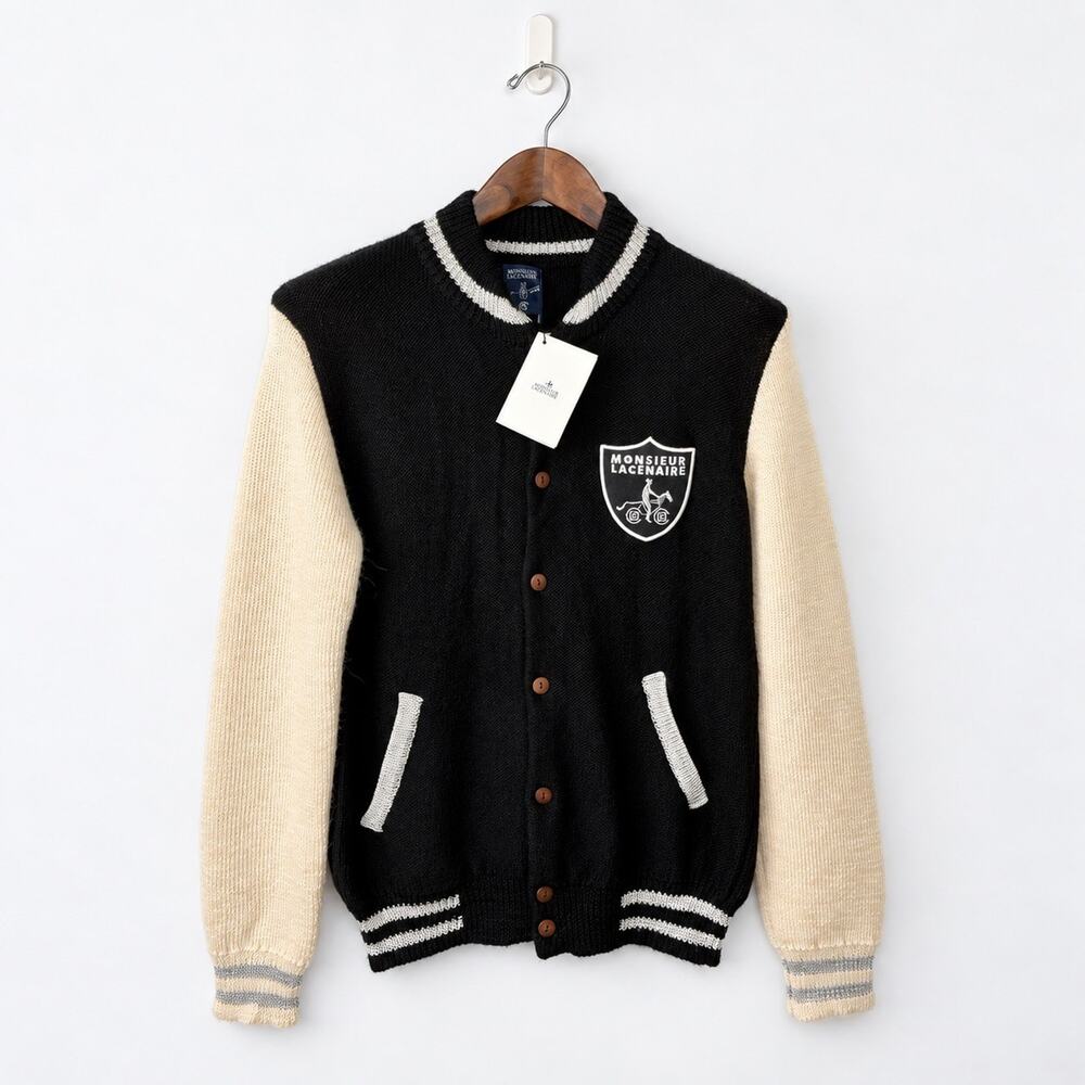 Monsieur Lacenaire Teddy 100% Alpaca Varsity Jacket Size M Black Silver NWT Lux
